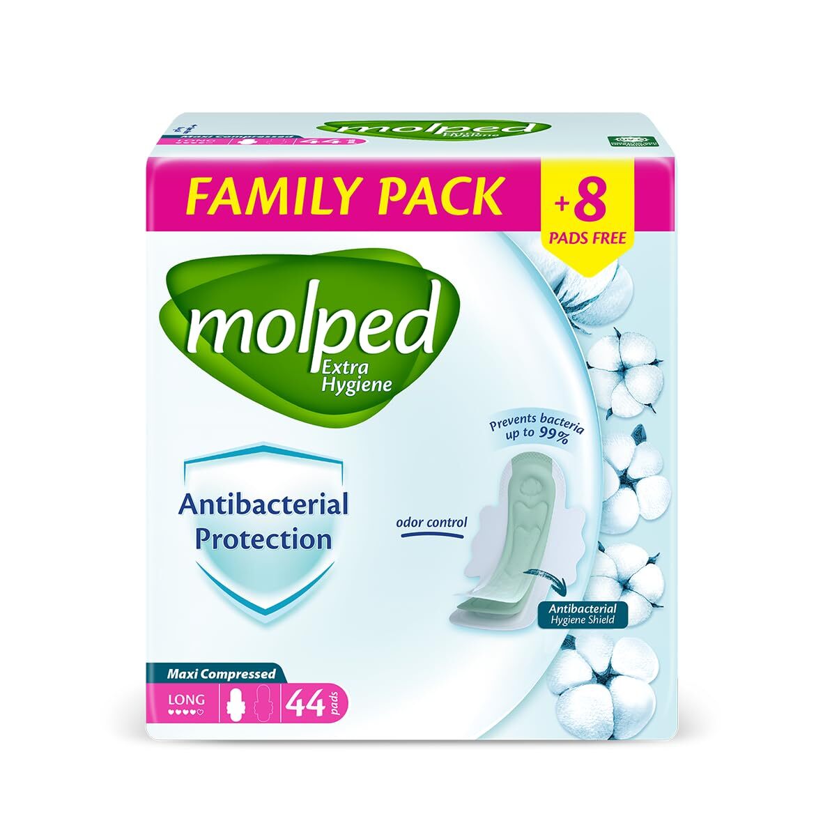 مولبد مضاد للبكتيريا ماكسي (طويل) 44 قطعة